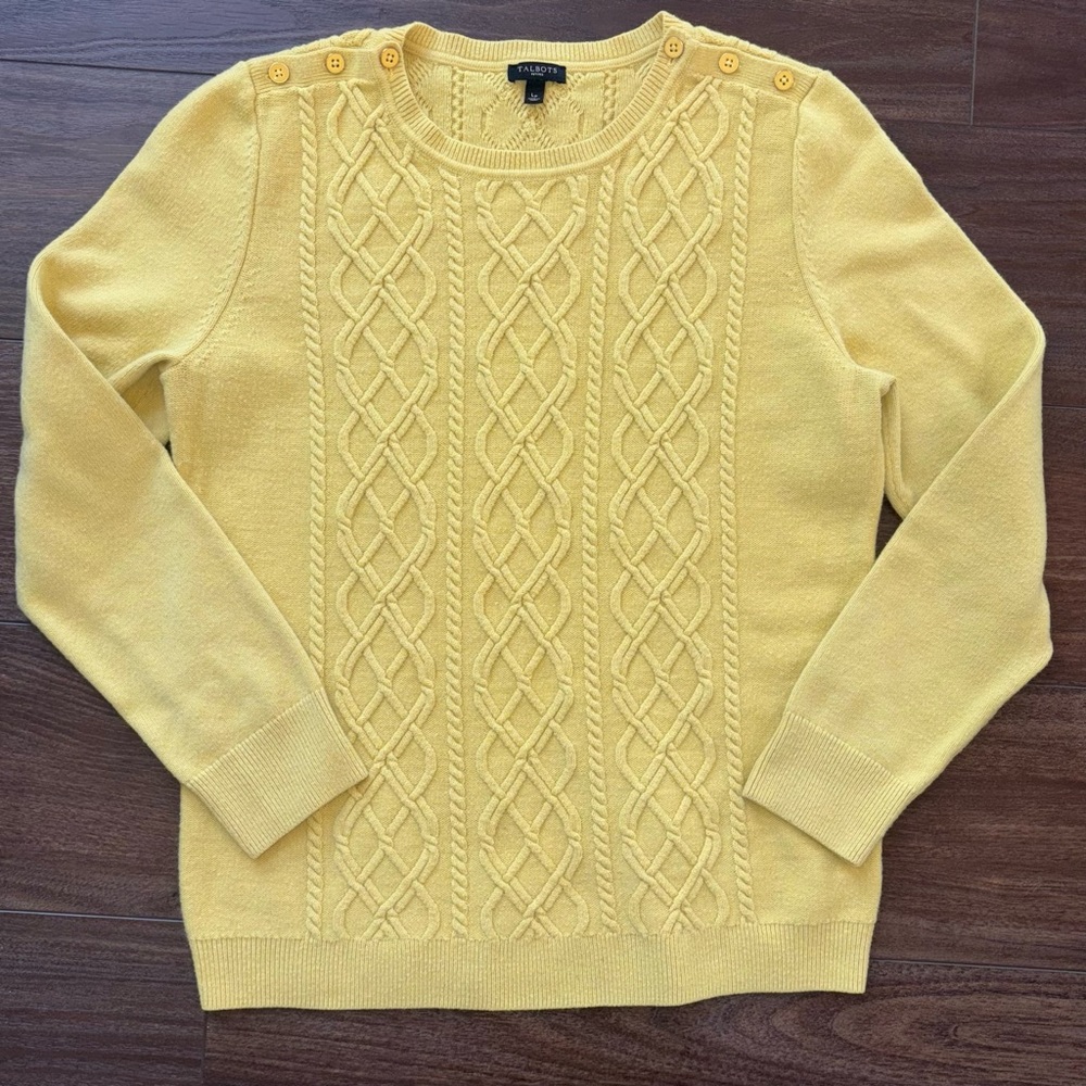 Talbots Sweater Women Large P Yellow Cable Knit Lambswool Crew Neck Pullover